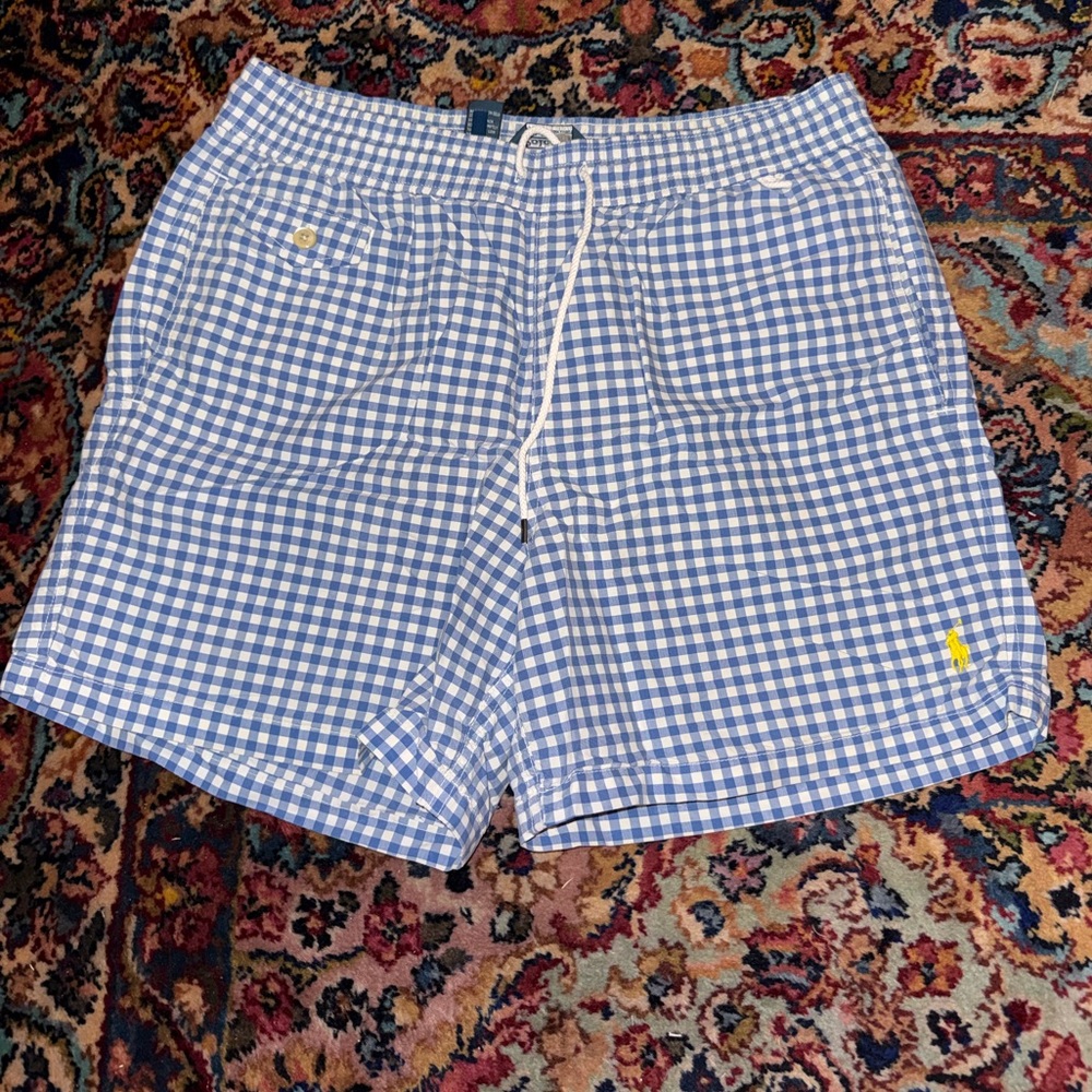 Polo Ralph Lauren Men’s Blue and White Gingham Swim Trunks
